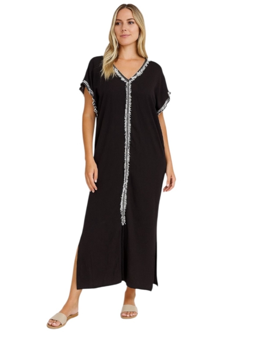 Michael Stars Black Maxi Caftan with Fringe Detailing